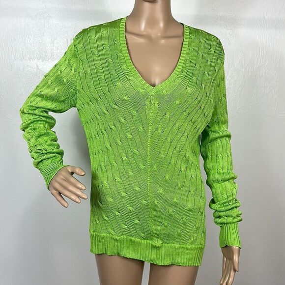 Ralph Lauren Slim Fit Silk Green Cable Knit V-neck Pullover Sweater Size L - Picture 1 of 9